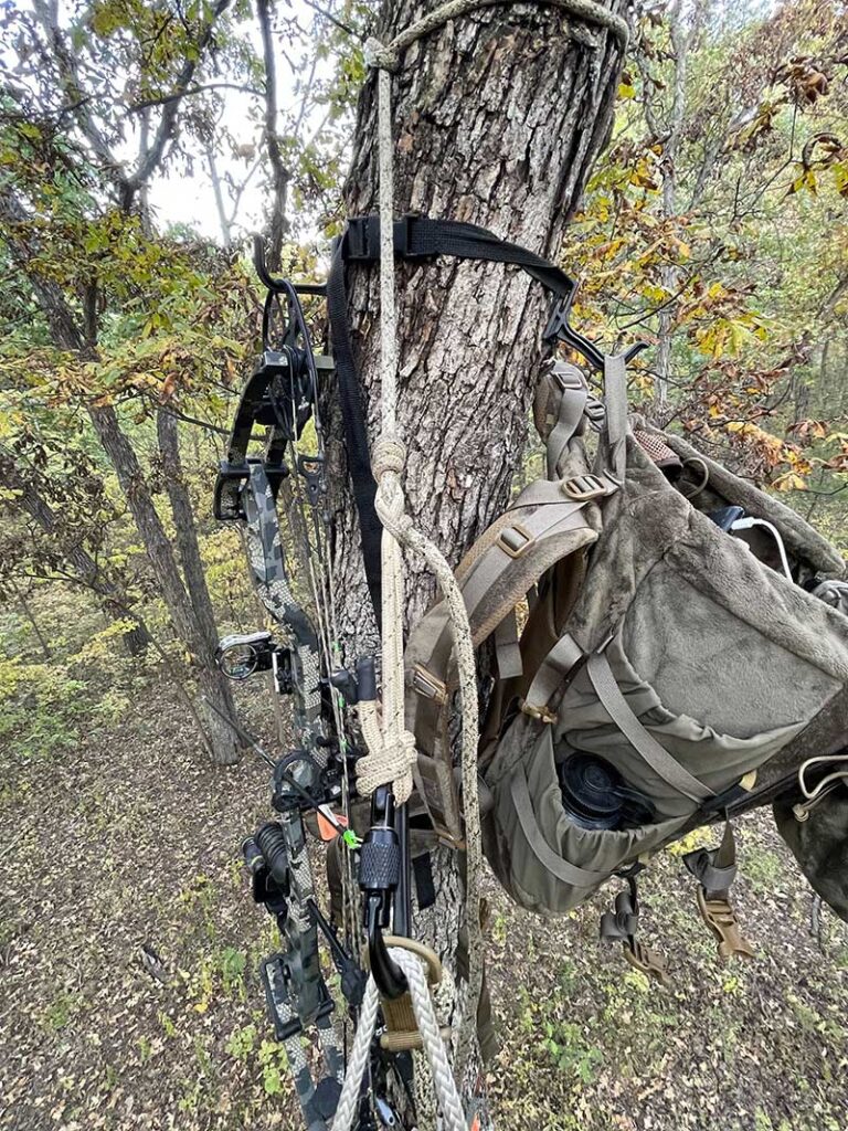saddle hunting pack and gear on tree